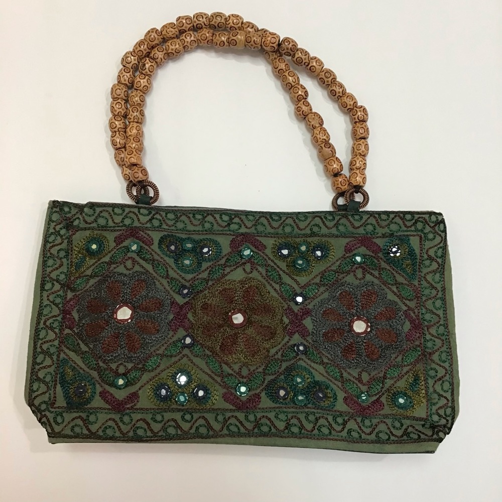 BOHO Kashmir Muslin Embroidery mirror Blue Wrist Bag wooden bead Handle